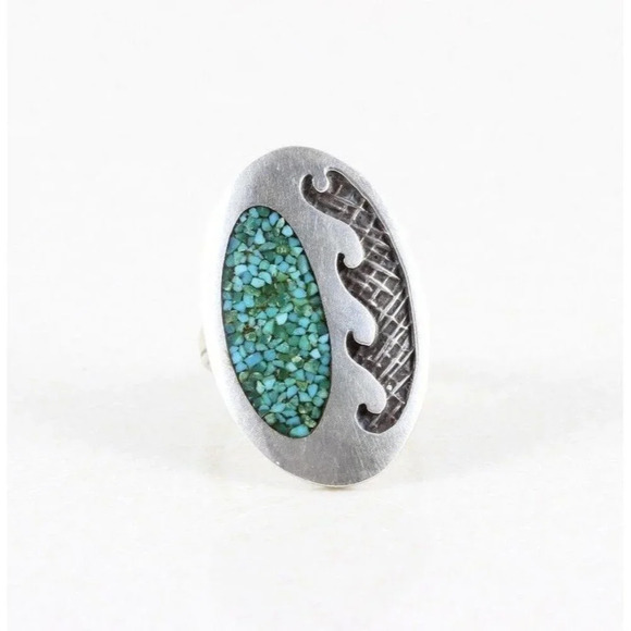 Sterling Silver Crushed Turquoise Ring Vintage Size 6 - Picture 1 of 7